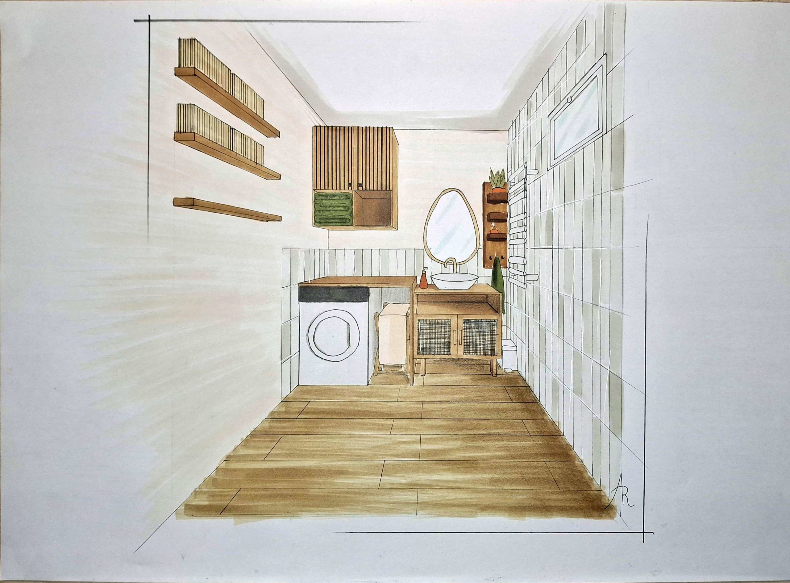 Dessin à la main de la rénovation d’une salle de bain à Versailles Yvelines, ambiance nature et spa par un architecte d’intérieur