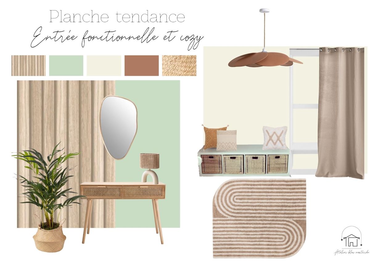 Planche tendance avec mobilier et couleurs pour l’aménagement d’une entrée à Ermenonville, Oise, réalisée par une architecte d’intérieur