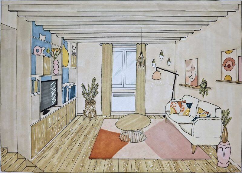 Dessin en perspective d’un salon salle à manger bohème contemporaine en bleu et terracotta, conçu pour un intérieur à Chantilly