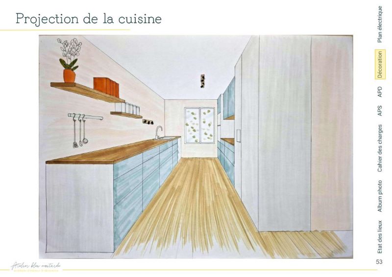 Perspective cuisine – Rénovation rez-de-chaussée Pontcarré Perspective dessinée de la cuisine ouverte avec rangements optimisés