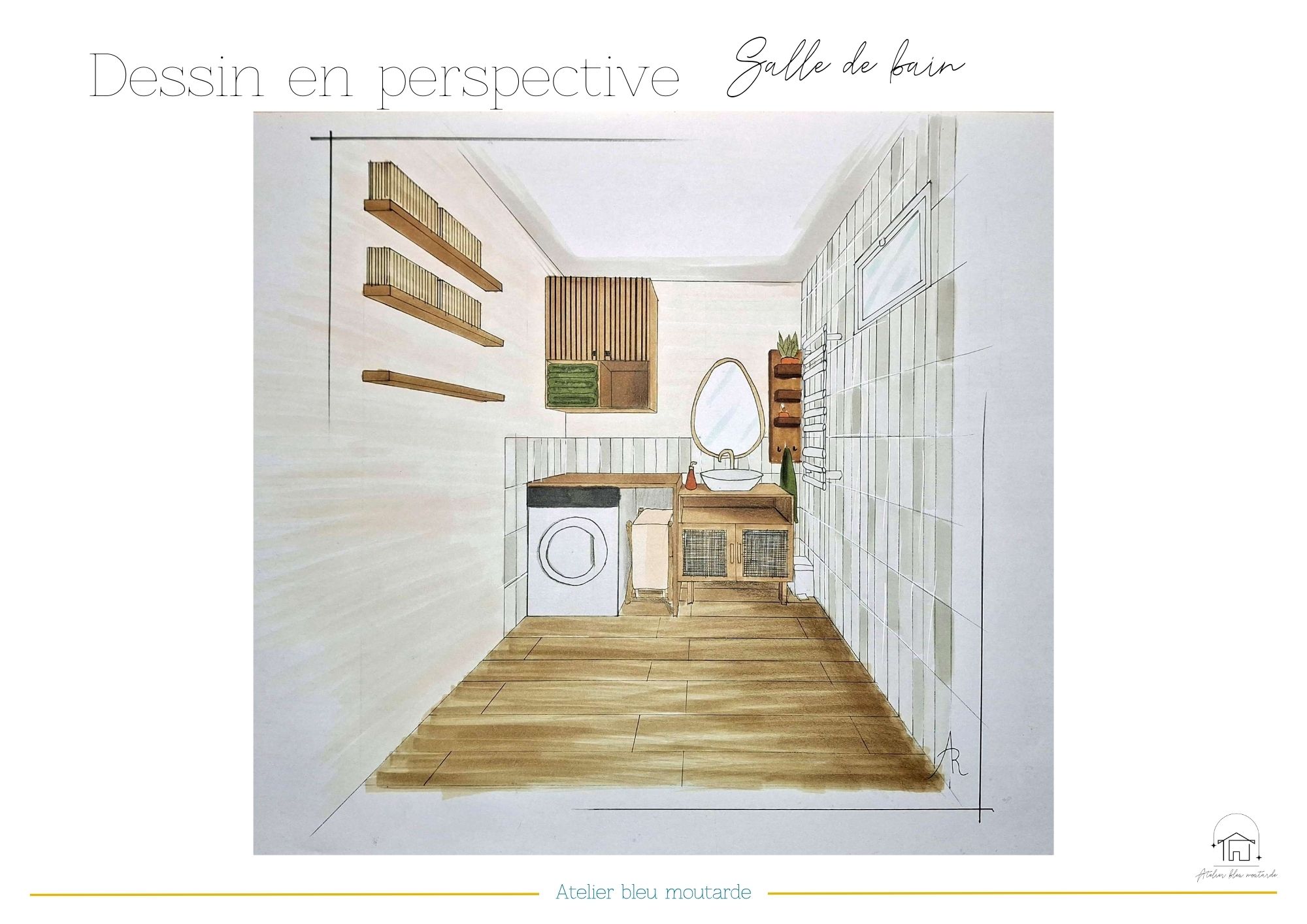 Perspective faite à la main de la rénovation d'une salle de bain à Versailles, projet d’architecte d’intérieur dans les Yvelines