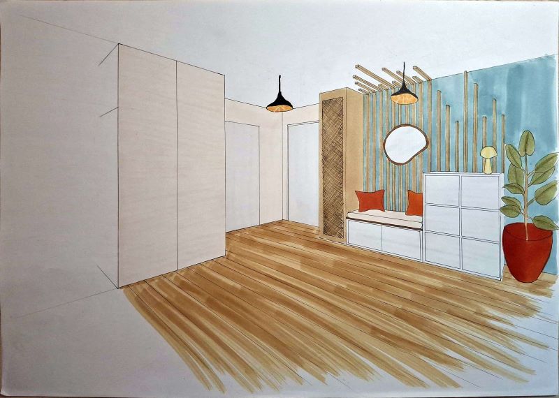 Perspective entrée – Rénovation maison années 70 Pontcarré Seconde perspective dessinée de l’entrée, mise en avant des détails décoratifs et matériaux