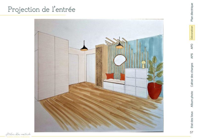 Perspective entrée – Rénovation rez-de-chaussée Seine-et-Marne Perspective dessinée de l’entrée, avec rangements intégrés et ambiance chaleureuse