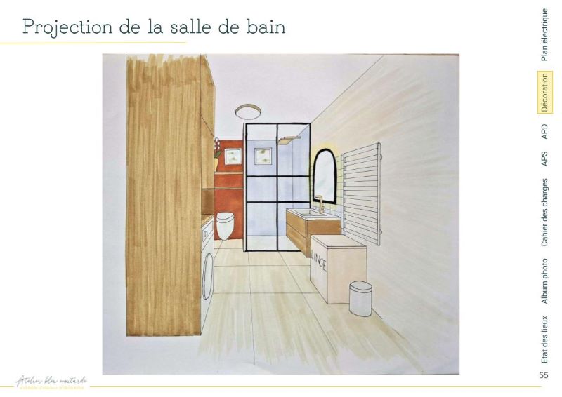 Perspective salle de bain – Rénovation maison années 70 Perspective dessinée de la salle de bain avec douche à l’italienne et coin buanderie