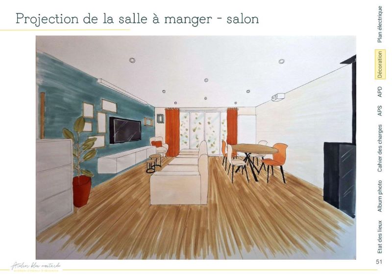 Perspective salon – Rénovation maison années 70 Perspective dessinée à la main du salon, espace épuré et chaleureux