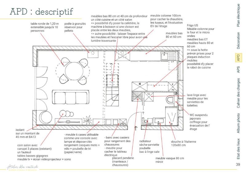 Plan APD – Rénovation maison années 70 Seine-et-Marne Plan APD détaillé du rez-de-chaussée, avec circulation, rangements et mobilier proposés