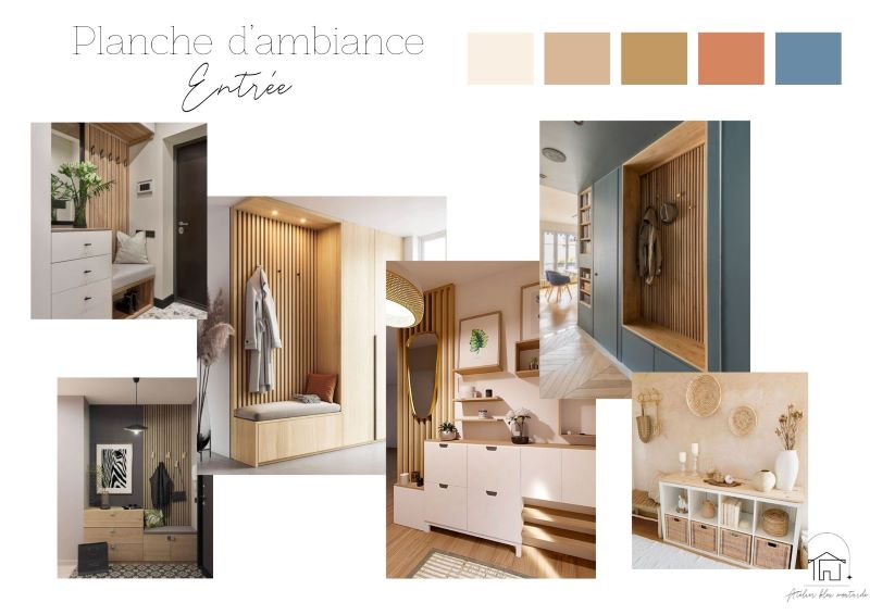 Planche ambiance entrée – Rénovation rez-de-chaussée Pontcarré Planche d’ambiance pour l’entrée, optimisée avec rangements et décoration moderne