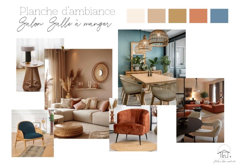 Planche ambiance salon – Rénovation maison années 70 Planche d’ambiance pour le salon, couleurs claires et touches bleu-orangée