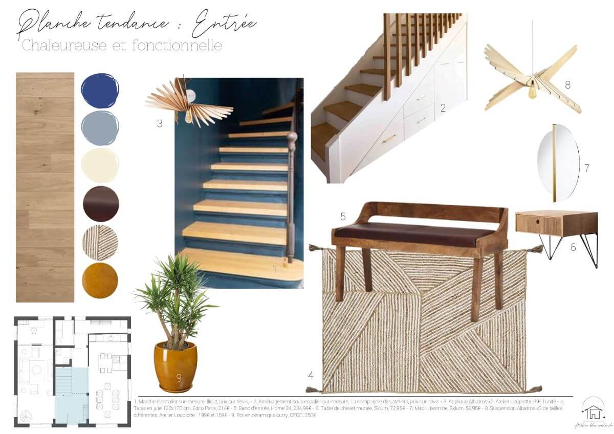 Une entrée fonctionnelle et accueillante Planche tendance pour l'entrée d’une rénovation maison ancienne à Saint-Germain-en-Laye, Yvelines, dans une palette bleu et jaune