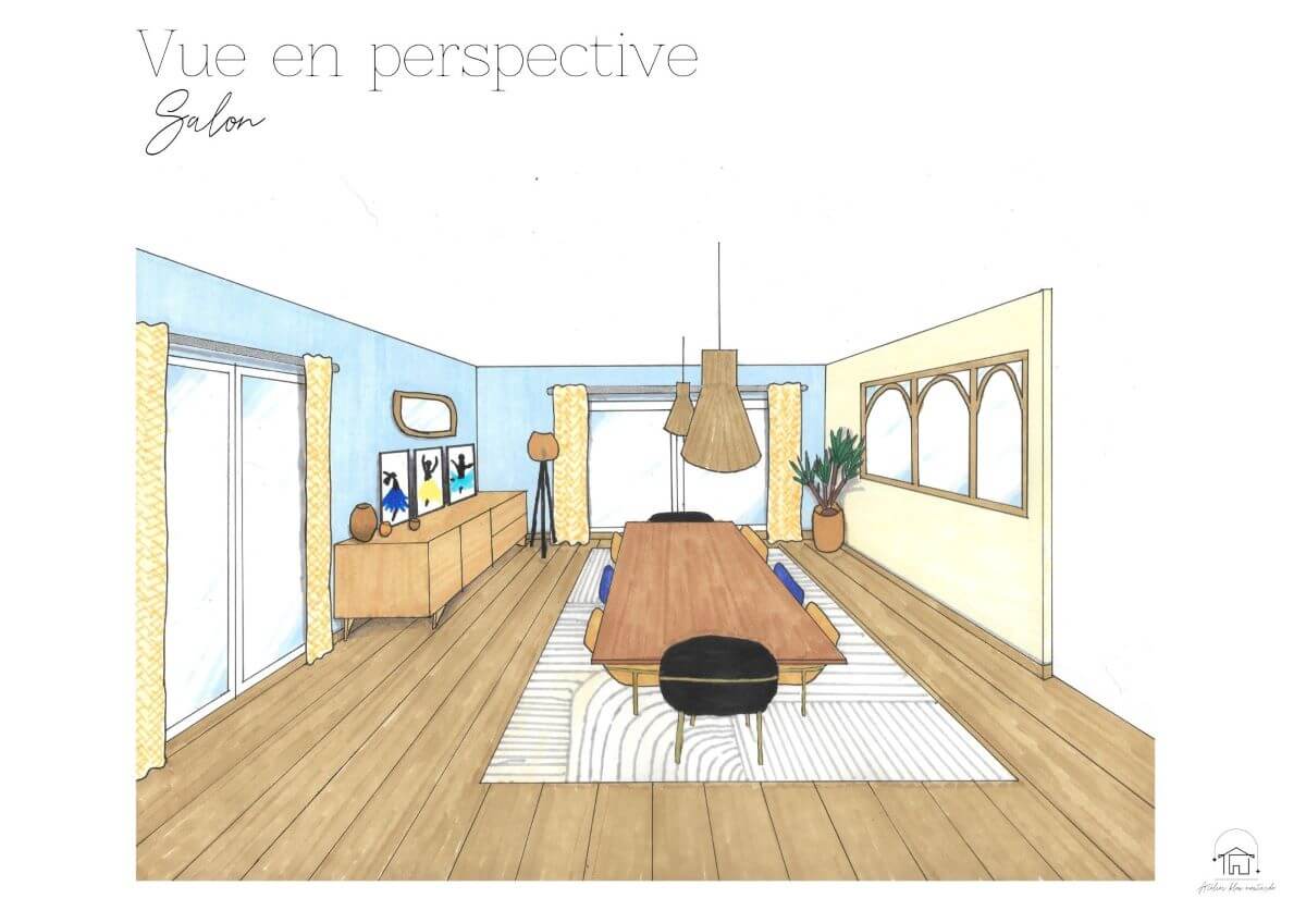 Perspective dessinée à la main de la salle à manger d’une rénovation maison ancienne à Saint-Germain-en-Laye, Yvelines
