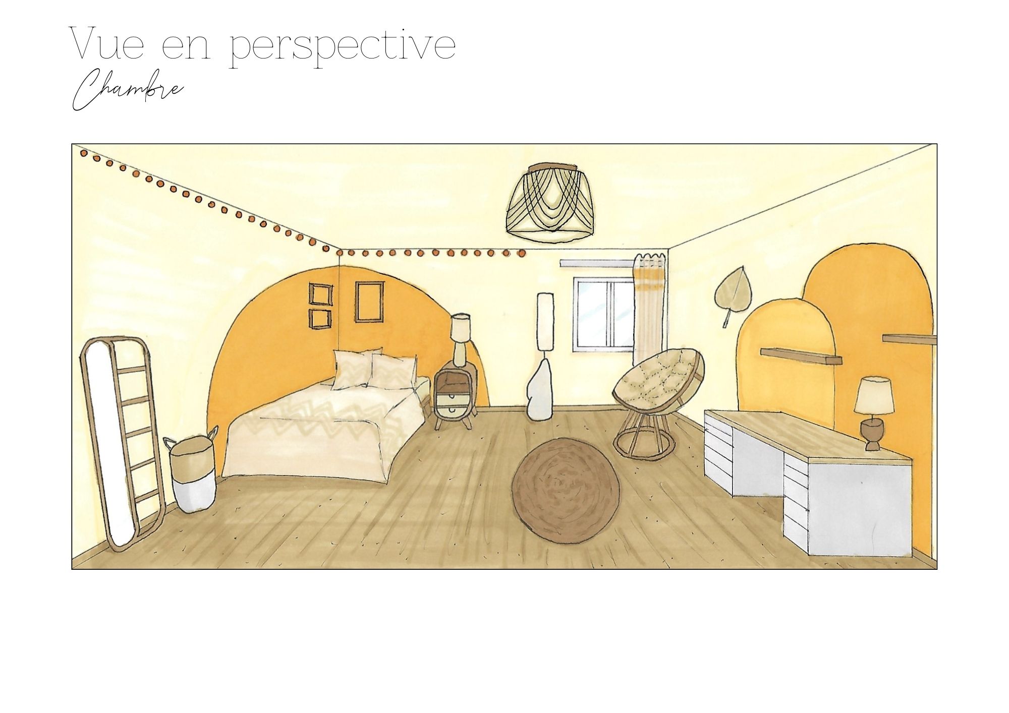 Perspective de la décoration d’une chambre jaune bohème, projet réalisé à Lamorlaye (Oise) par une décoratrice
