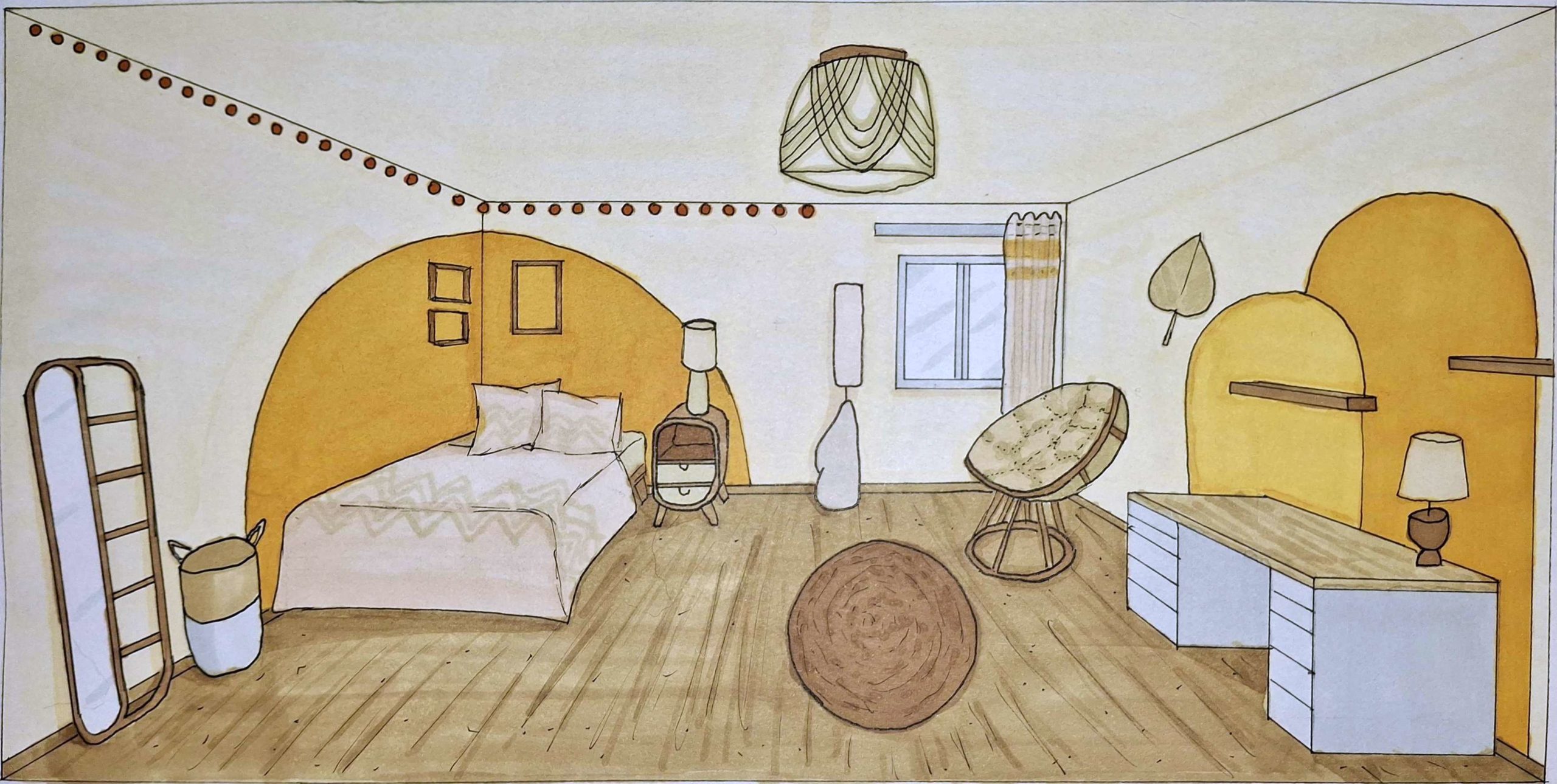Perspective de la décoration d’une chambre bohème jaune, projet réalisé par une décoratrice à Lamorlaye (Oise)