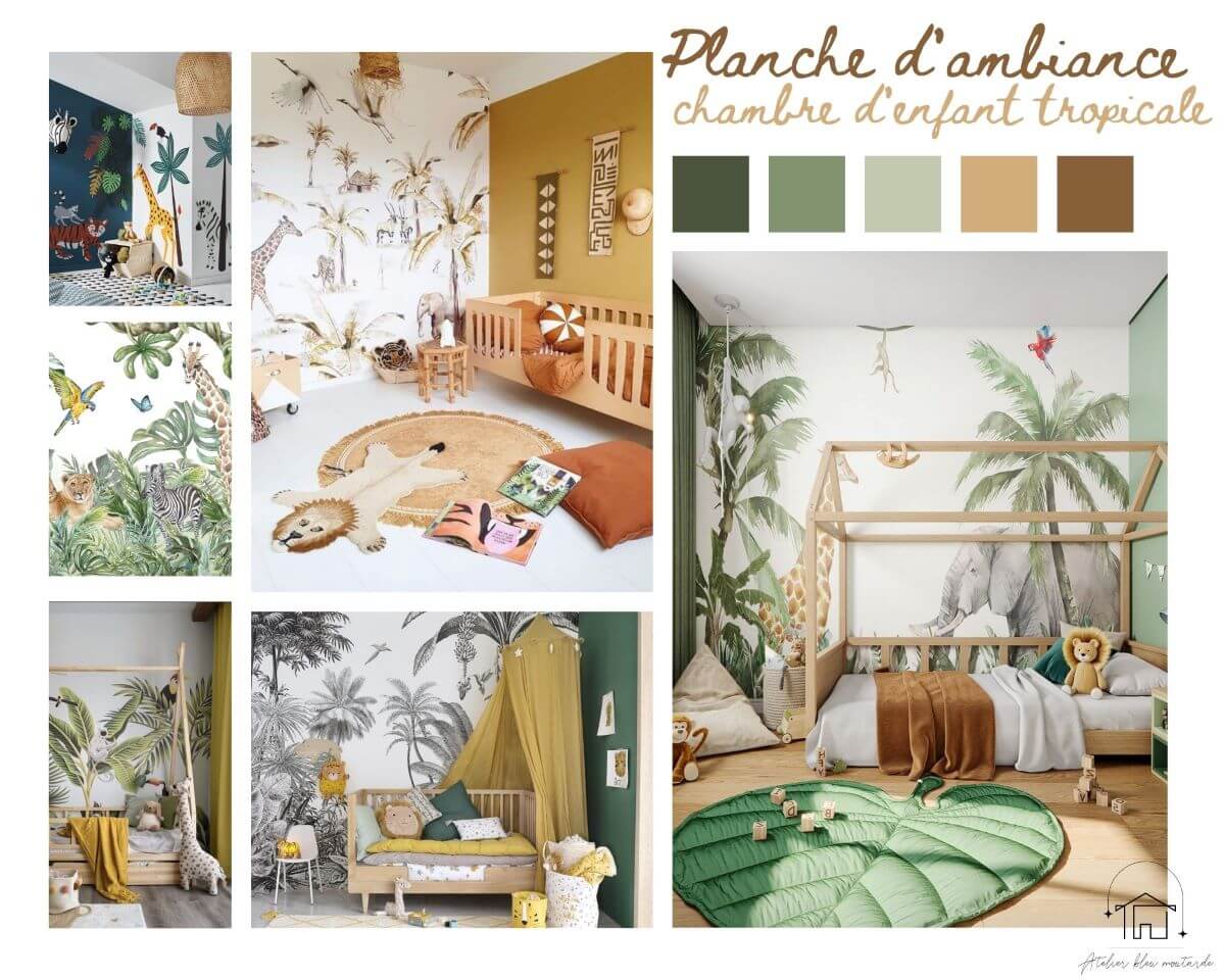 Planche d’ambiance jungle pour décoration chambre petit garçon à Rambouillet dans les Yvelines réalisée par une architecte d’intérieur