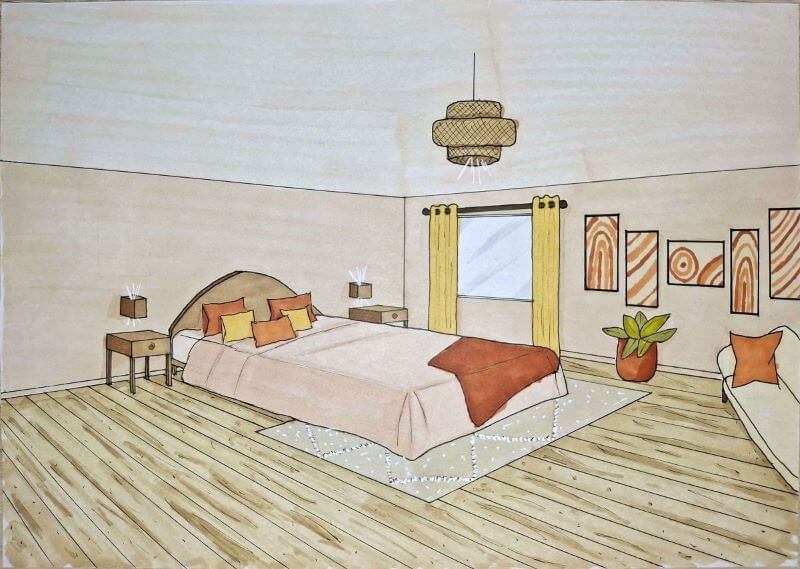 Perspective dessinée à la main d’une déco chambre parentale bohème beige et terracotta, réalisée par une architecte d’intérieur à Senlis, Oise