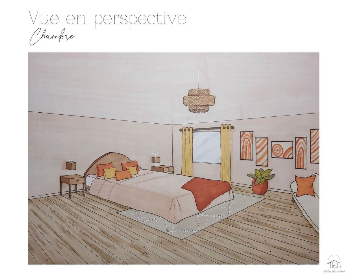 Perspective dessinée à la main de la deco d'une chambre parentale bohème beige et terracotta, réalisée par une architecte d’intérieur à Senlis, Oise